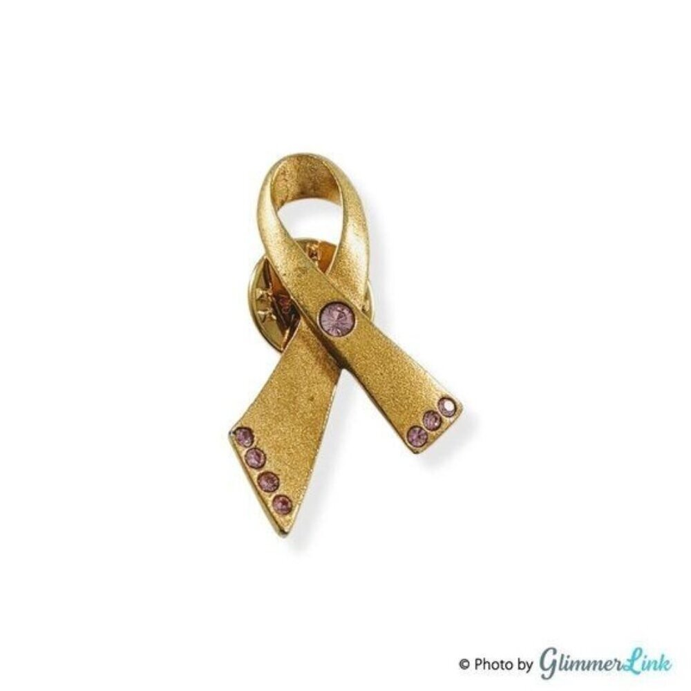Vintage Avon Pink Ribbon Rhinestone Gold Tone Awareness Pin